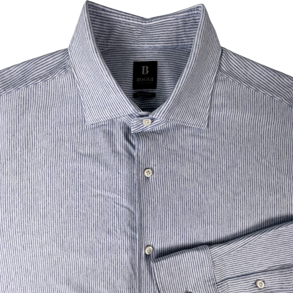 Boggi Milano Shirt Mens XL Blue Stripe Regular Fit Long Sleeve Button Up